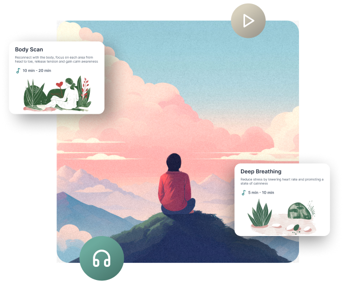 Mindfulness meditation scene with exercise cards
